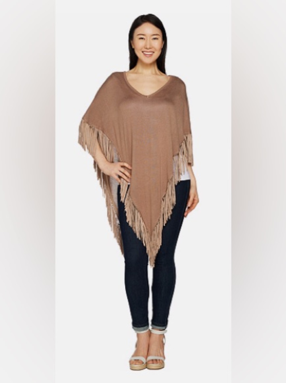 Attitudes By Renee Boho Fringe Trim Poncho Sweater Neutral Taupe M